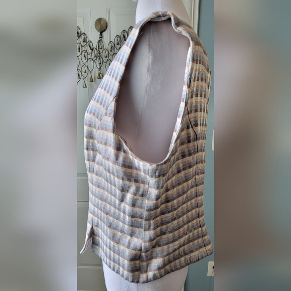 90s Vintg Sleeveless Blouse Women's 16 Tan Cream Blue Plaid Button up Back - Picture 2 of 10